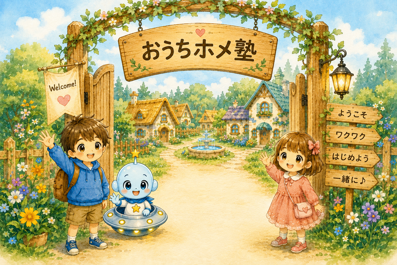 おうちホメ塾の世界観を描いた水彩イラスト。子どもから大人まで、誰もがホメオパシーを学べる入口に立つキャラクターたち